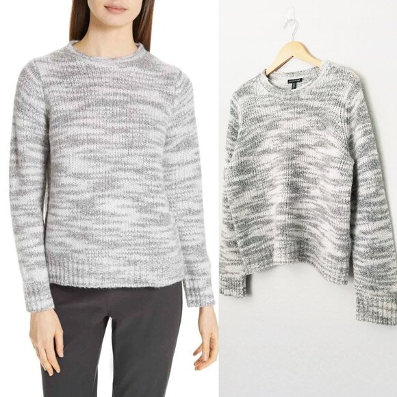 Eileen Fisher Merino Wool Silk Blend Marled Gray Sweater L Cozy Warm Crew $375 - Picture 3 of 15